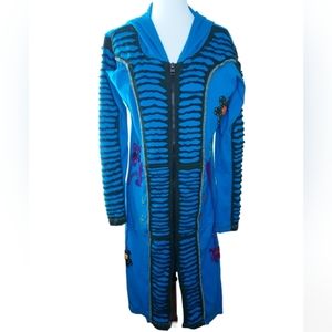 Unique 100% Cotton Hooded Embellished Blue Zip Front Sweatshirt Jacket Size M